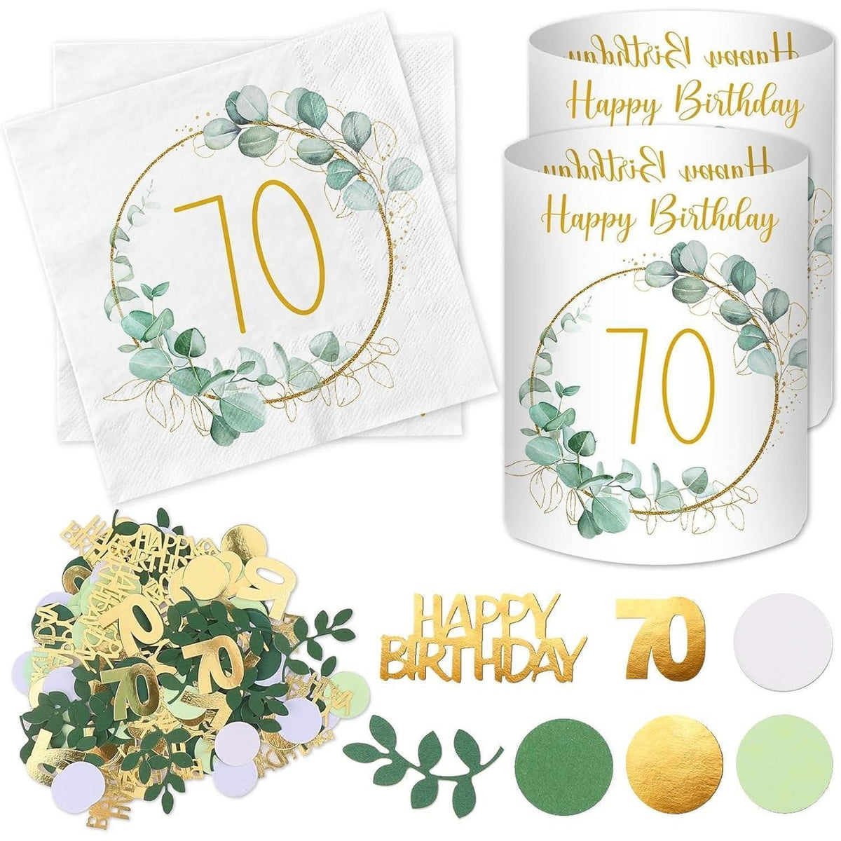 70. Geburtstag Deko Set Grün Eukalyptus Servietten Windlichter Konfetti