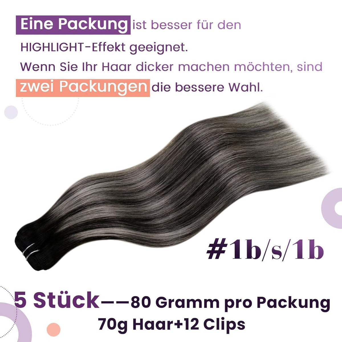 Clip-in Haarverlängerung Echthaar Schwarz Ombre Silber