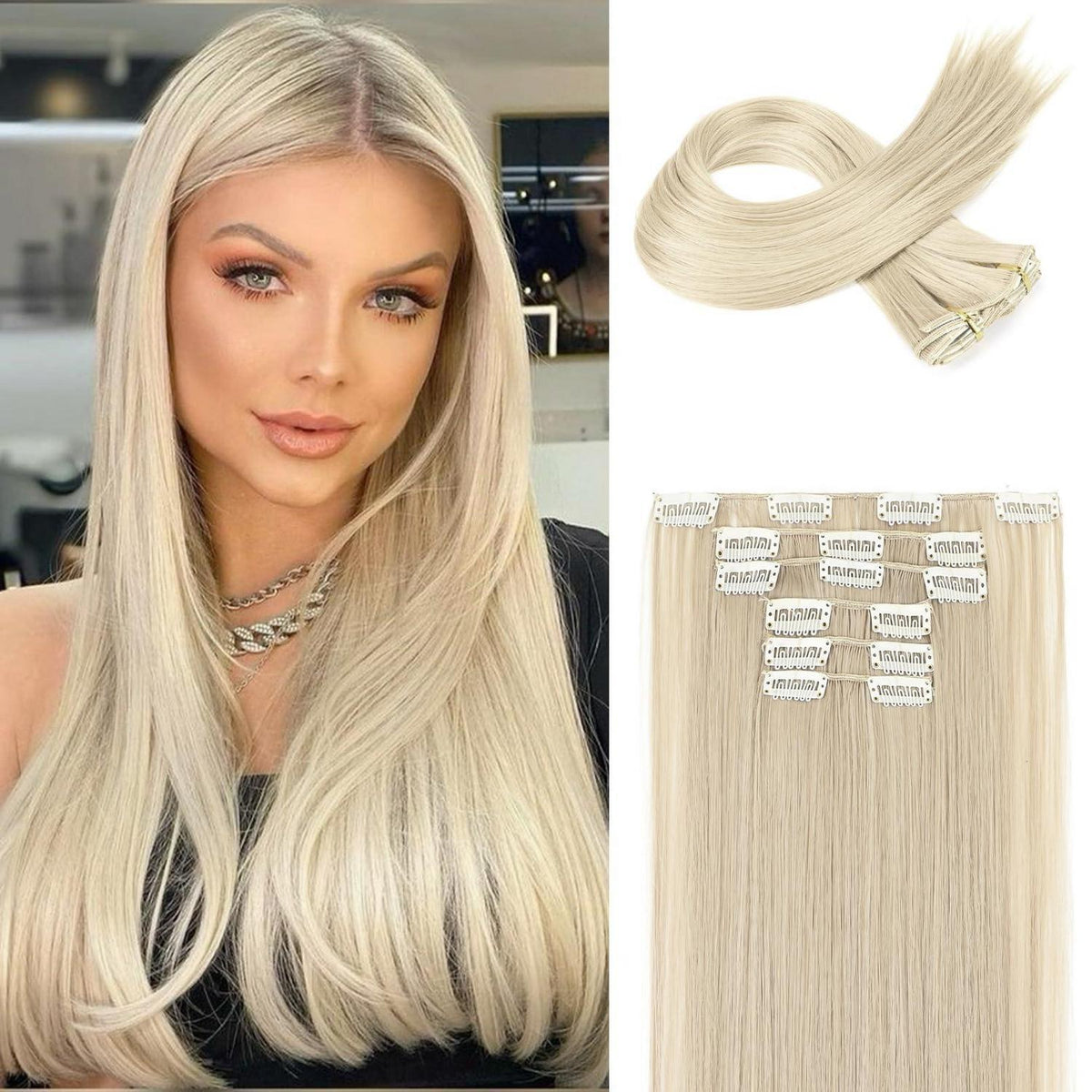 Clip-in Haarverlängerung Platinblond, 61 cm, glatt
