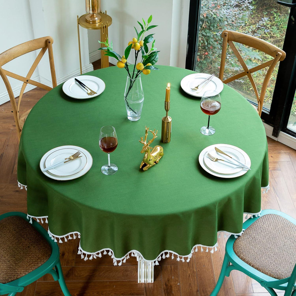 Runde Tischdecke Baumwolle Leinen Dunkelgrün 260 cm (für Tische 180-200 cm)