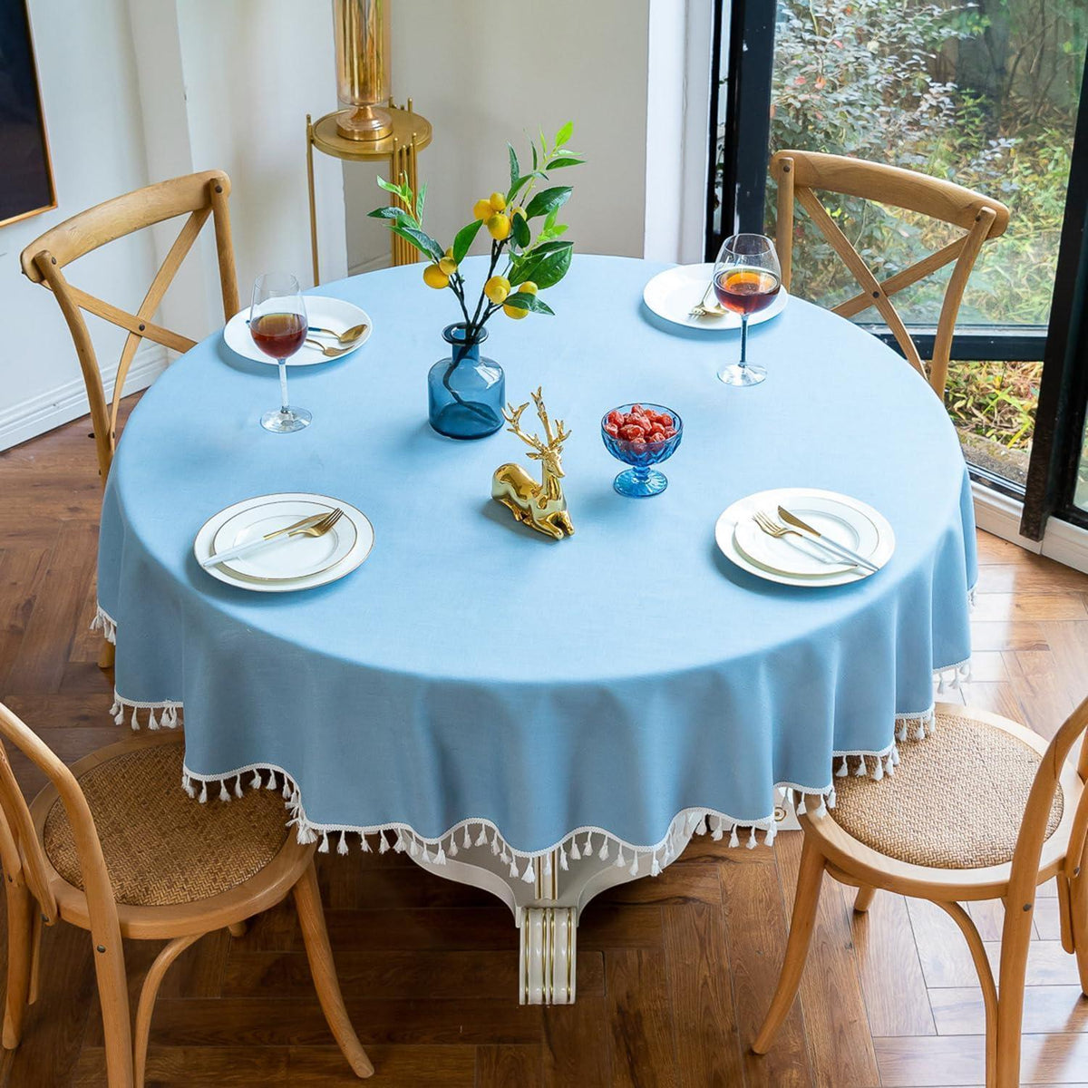 Runde Baumwoll-Leinen Tischdecke mit Fransen, Himmelblau 220 cm