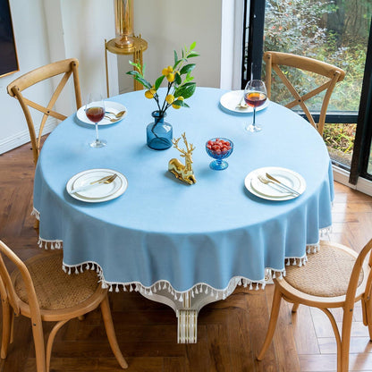 Runde Baumwoll-Leinen Tischdecke mit Fransen, Himmelblau 260 cm