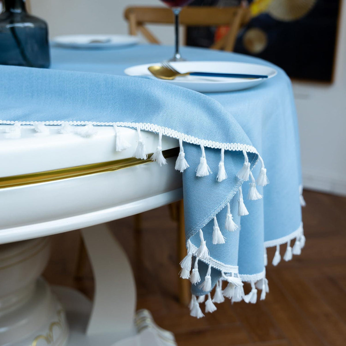 Runde Baumwoll-Leinen Tischdecke mit Fransen, Himmelblau 260 cm