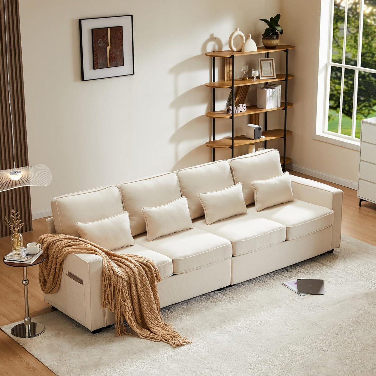 4-Sitzer Leinenstoff Sofa mit Stauraum & Kissen – Beige