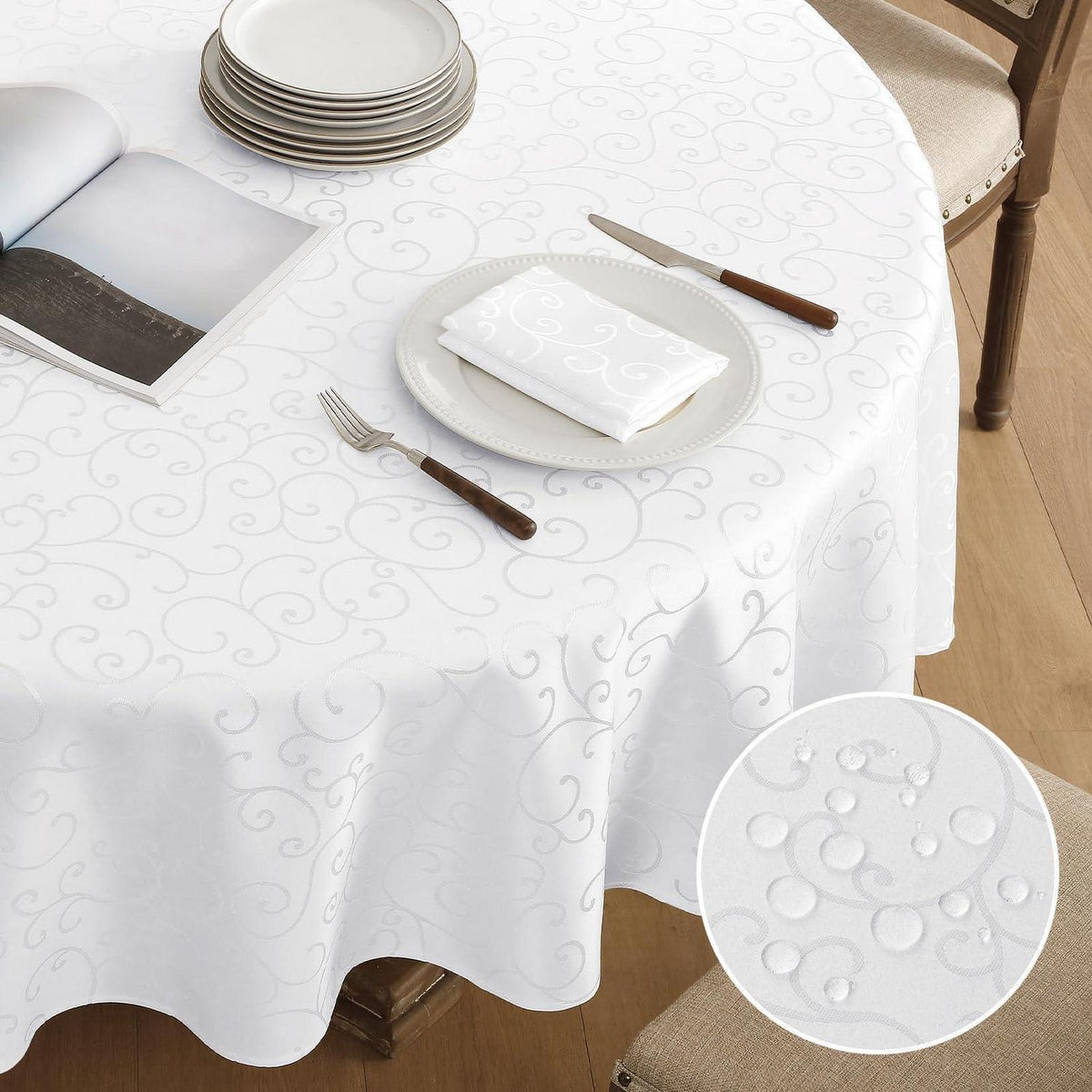 Runde Tischdecke Romanstil 200 cm weiß – Abwaschbar & Wasserabweisend