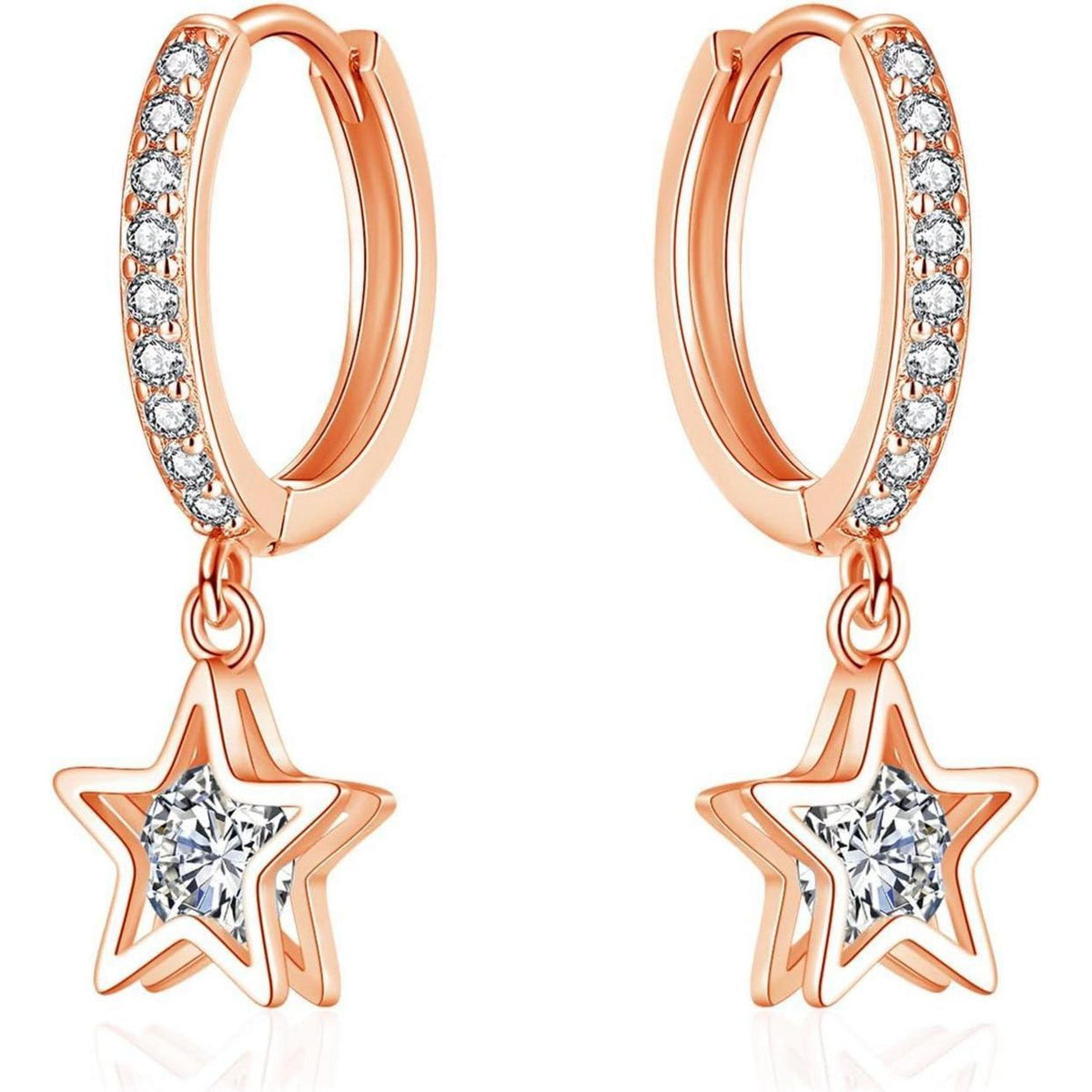 Hängende Creolen Silber 925 mit Zirkonia Stern Anhänger Rosegold