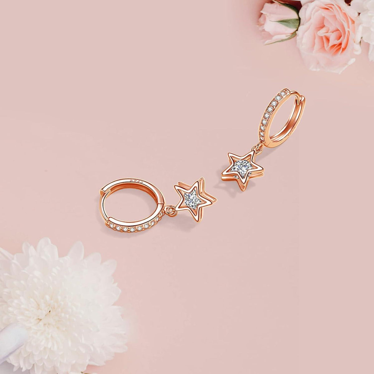 Hängende Creolen Silber 925 mit Zirkonia Stern Anhänger Rosegold