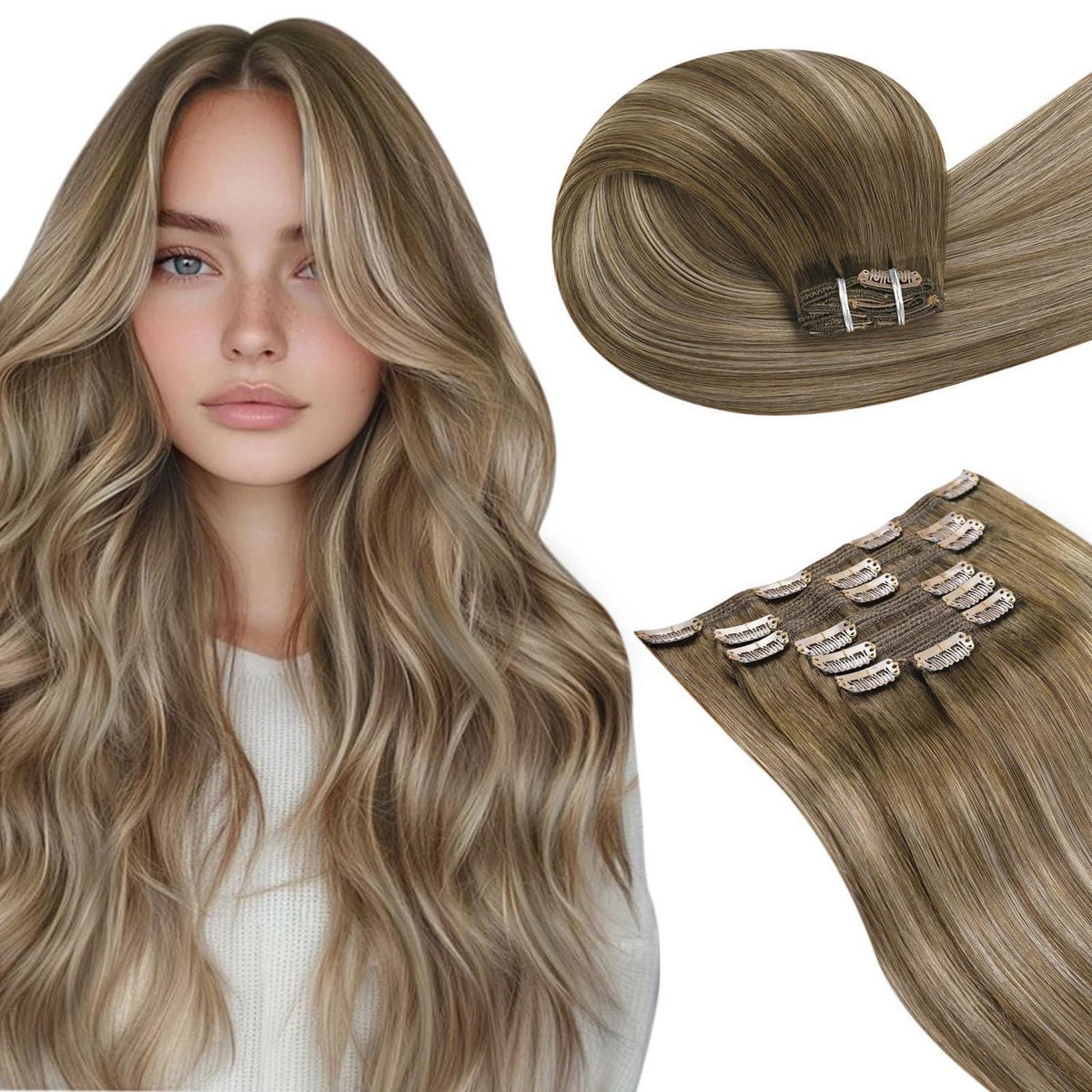 Echthaar Clip in Extensions Ombre Braun 55cm