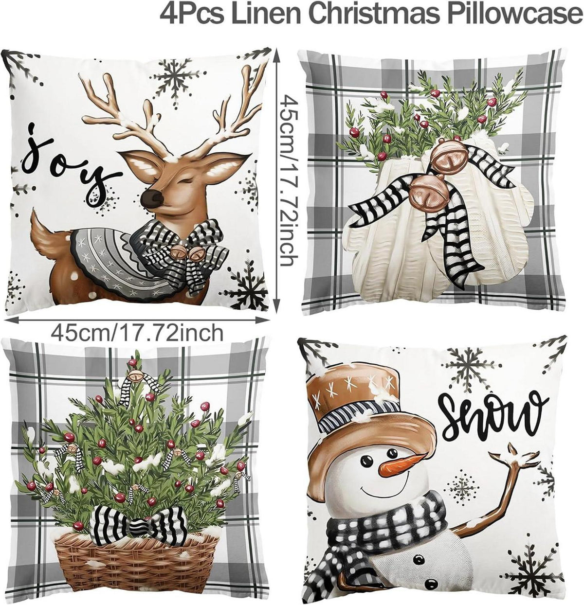 4er Set Weihnachtskissenbezug Rentier Deko 45x45cm Weiß Grau