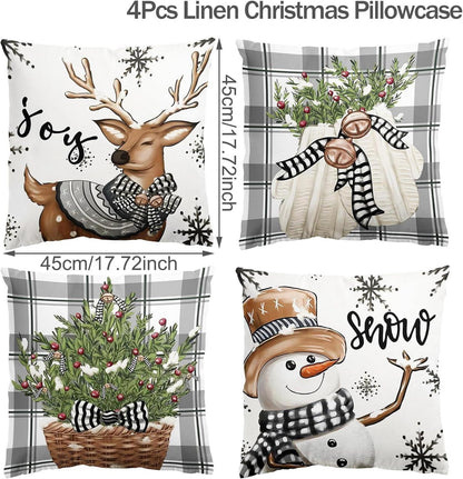 4er Set Weihnachtskissenbezug Rentier Deko 45x45cm Weiß Grau