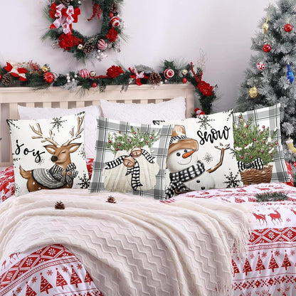 4er Set Weihnachtskissenbezug Rentier Deko Weiß Grau 45x45cm
