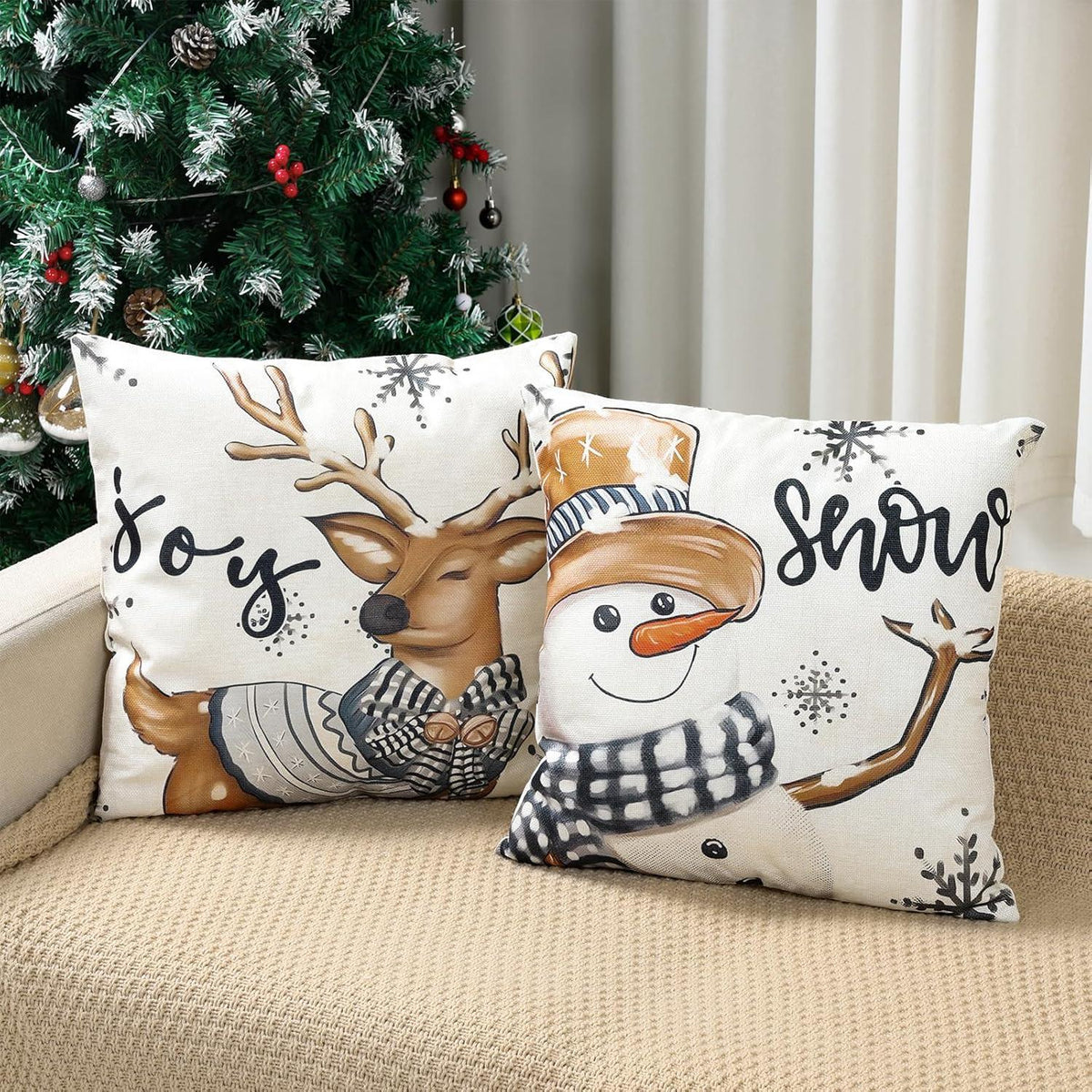 4er Set Kissenbezug Weihnachten Rentier Deko 45x45cm Weiß Grau