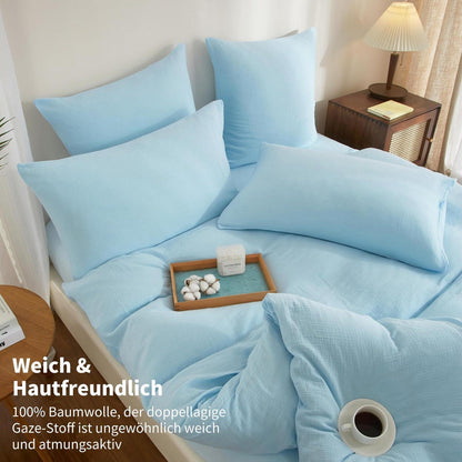 Doppelte Muslin Bettwäsche 220x240 Blau – Weich & Atmungsaktiv