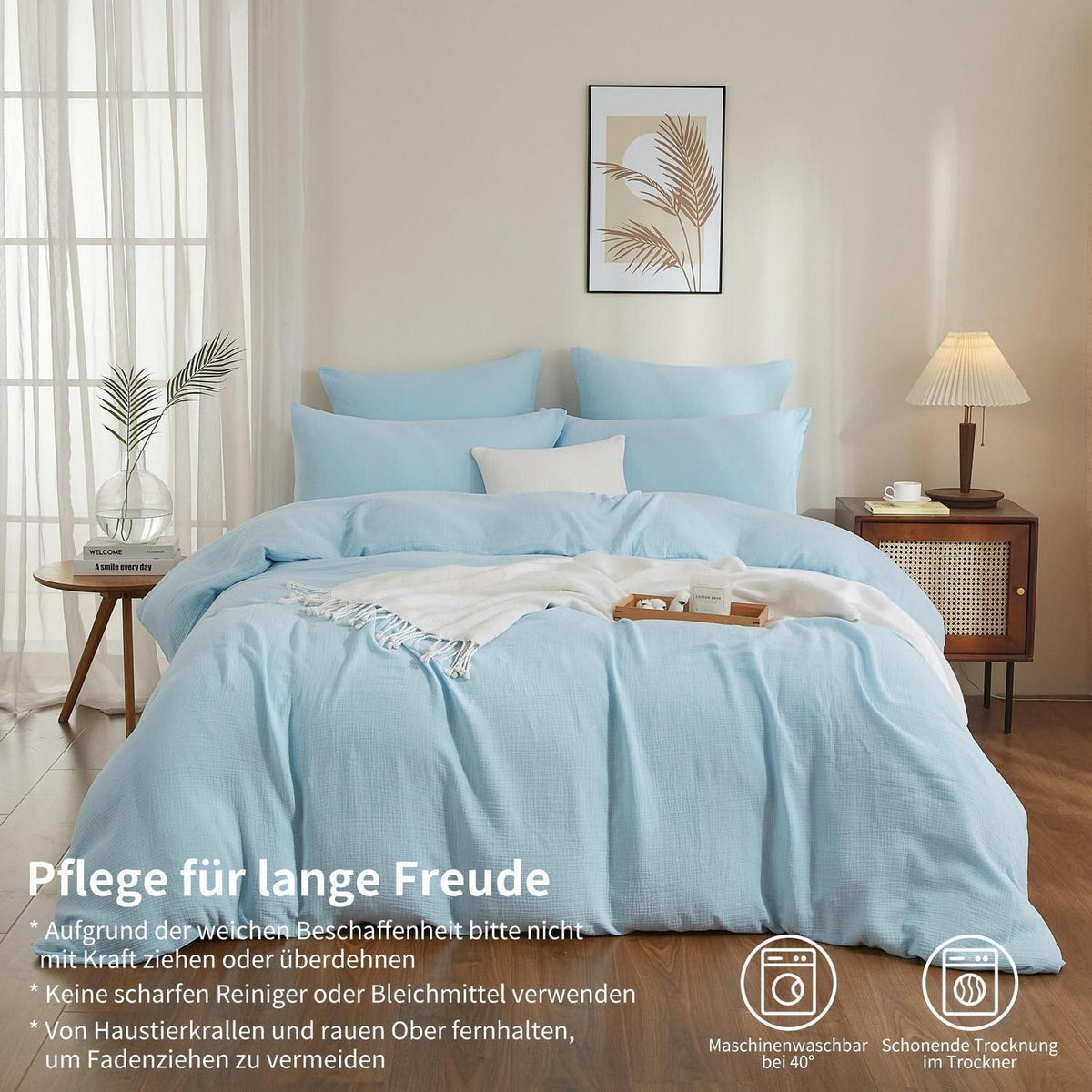 Doppelte Muslin Bettwäsche 200x220 Blau – Weiche Baumwolle Bettwäsche Set