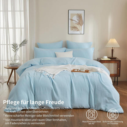 Doppelte Muslin Bettwäsche 200x220 Blau – Weiche Baumwolle Bettwäsche Set