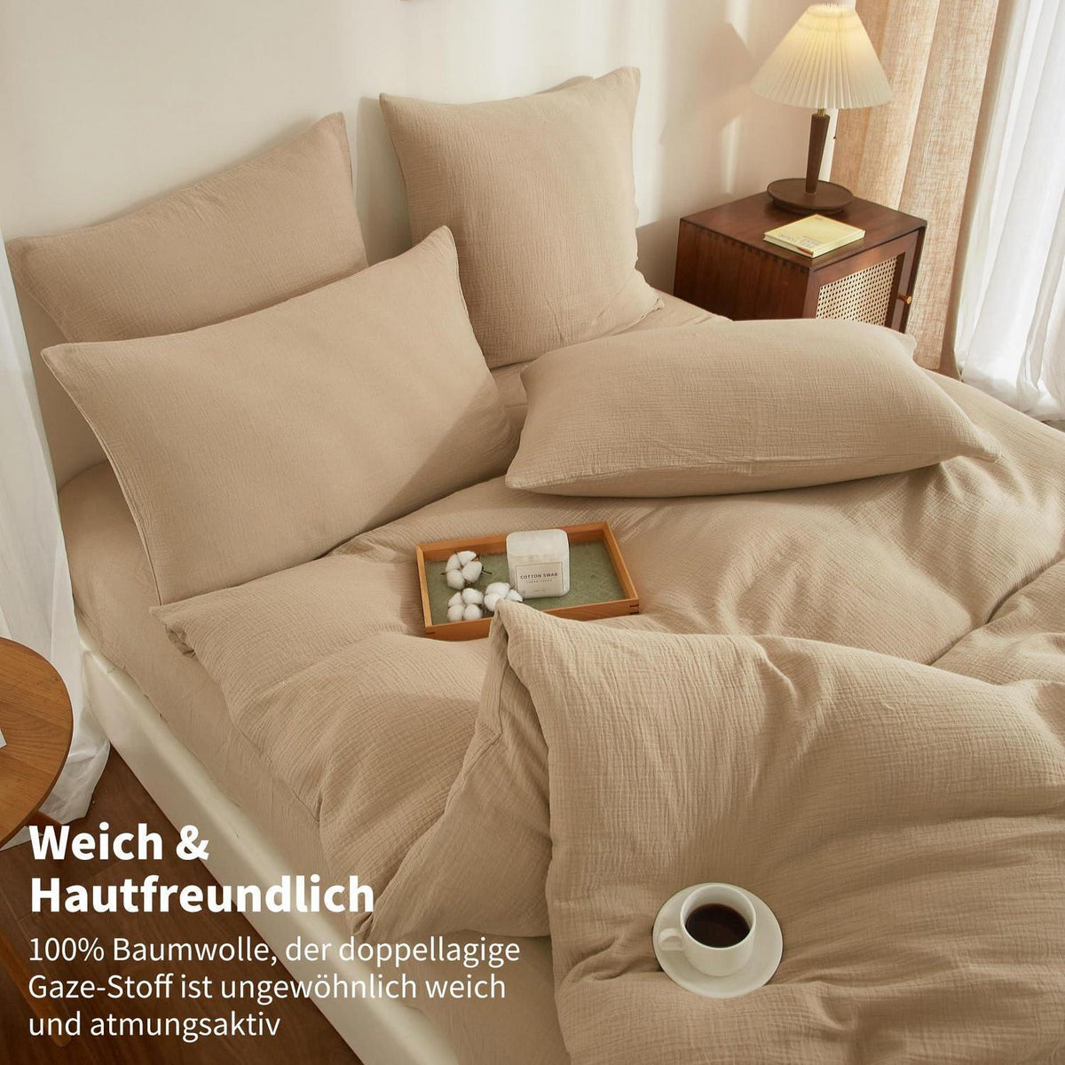 Doppelte Muslin Bettwäsche 200x200 Khaki Beige – 3-teilig