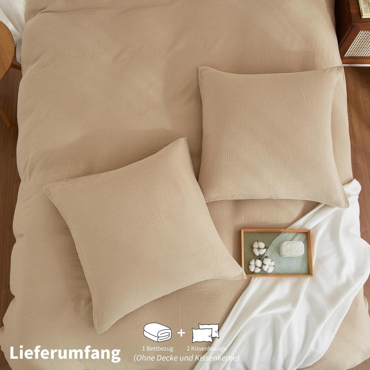 Doppelte Muslin Bettwäsche 200x200 Khaki Beige – 3-teilig