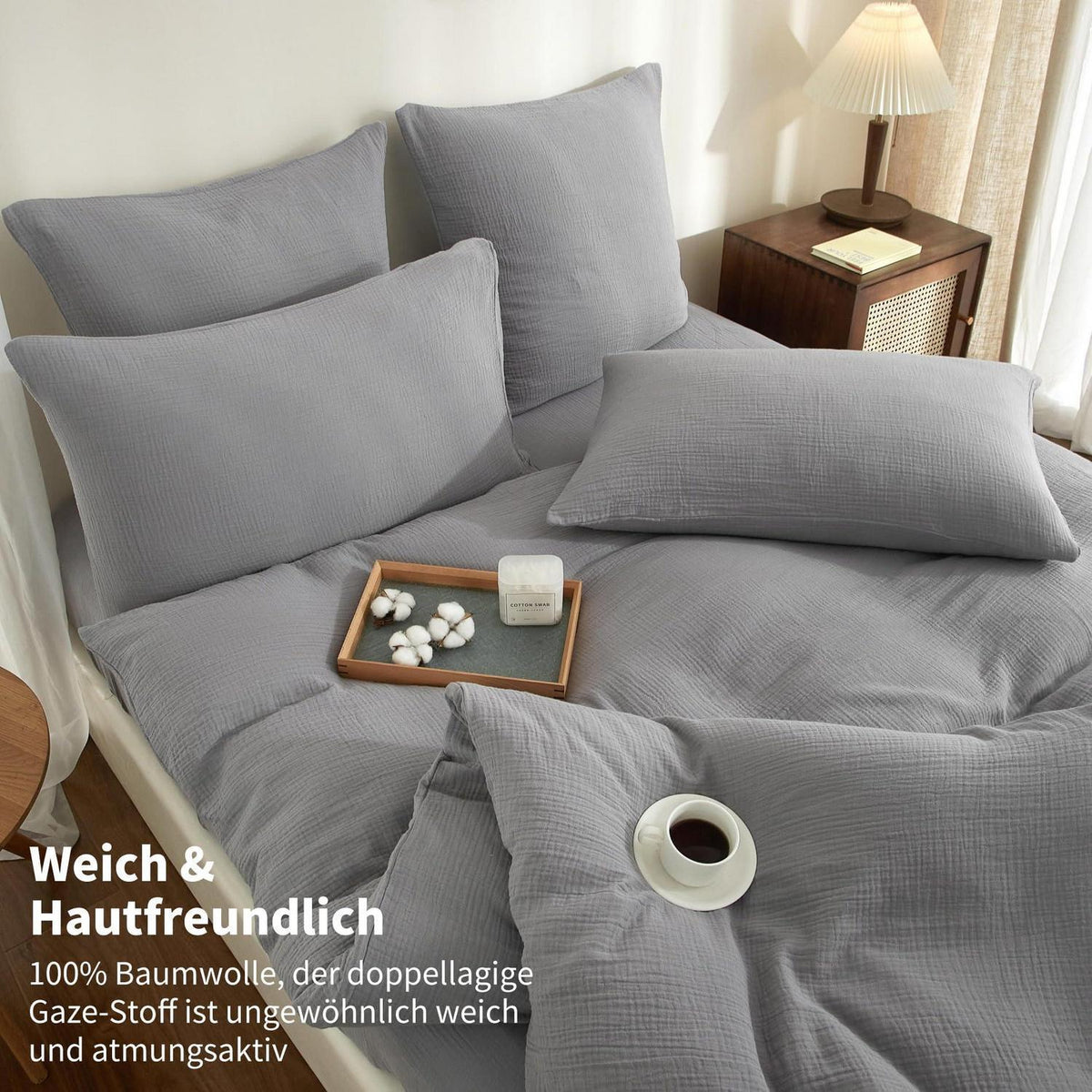 Doppelte Muslin Bettwäsche Grau Anthrazit 155x220 cm - 3-teilig