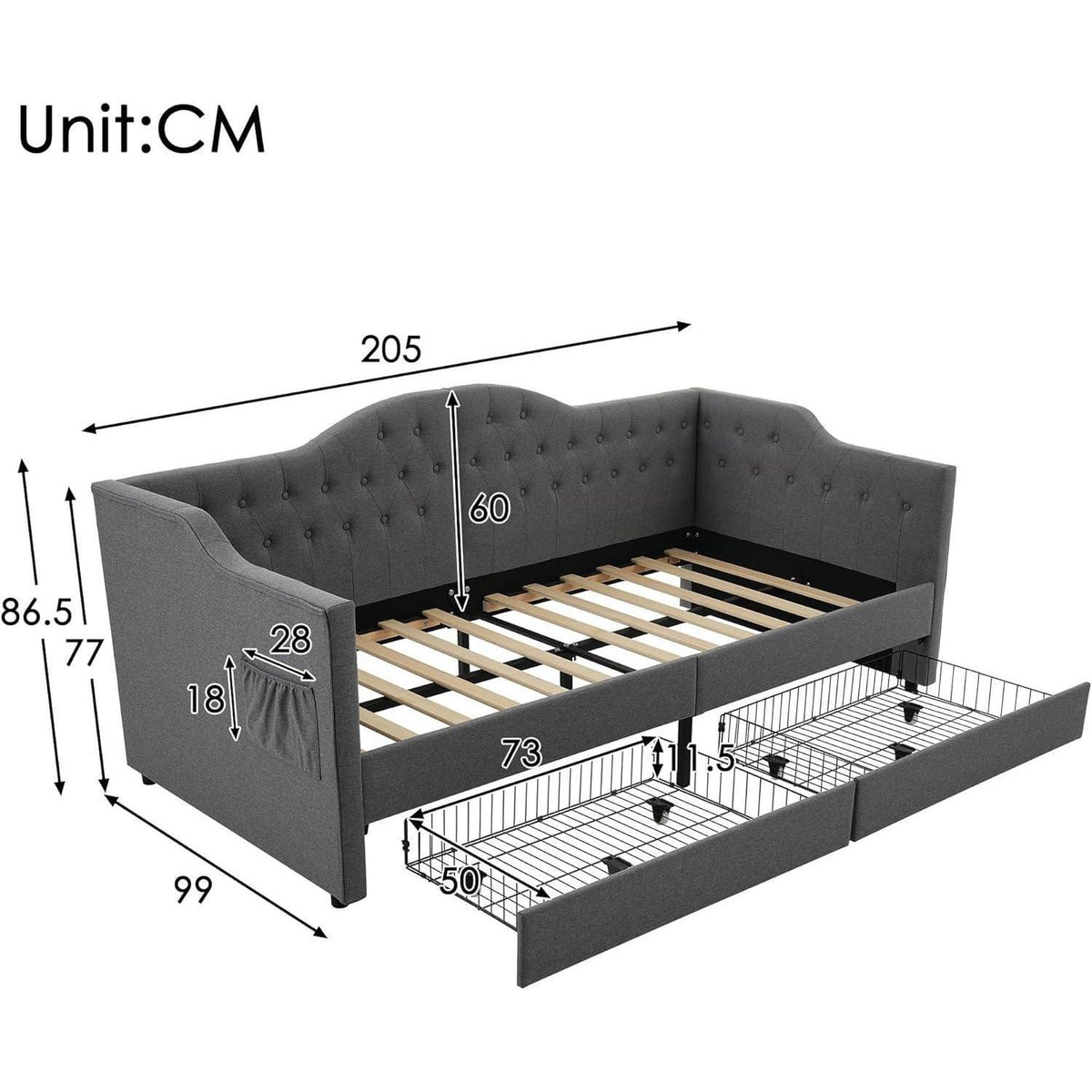 Schlafsofa 200cm mit Bettkasten & Schlaffunktion – Grau