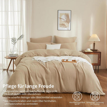 Doppelte Muslin Bettwäsche 155x220 Khaki Beige – 3-teilig