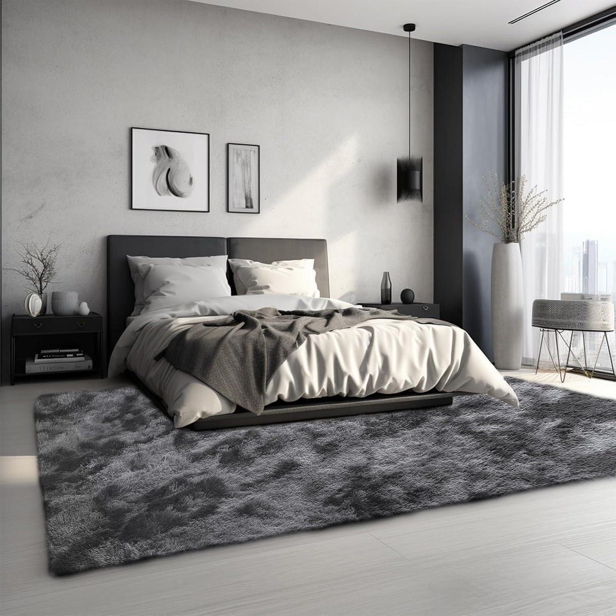 Grauer Hochflor Teppich 275x370 cm – Flauschiger Wohnzimmerteppich