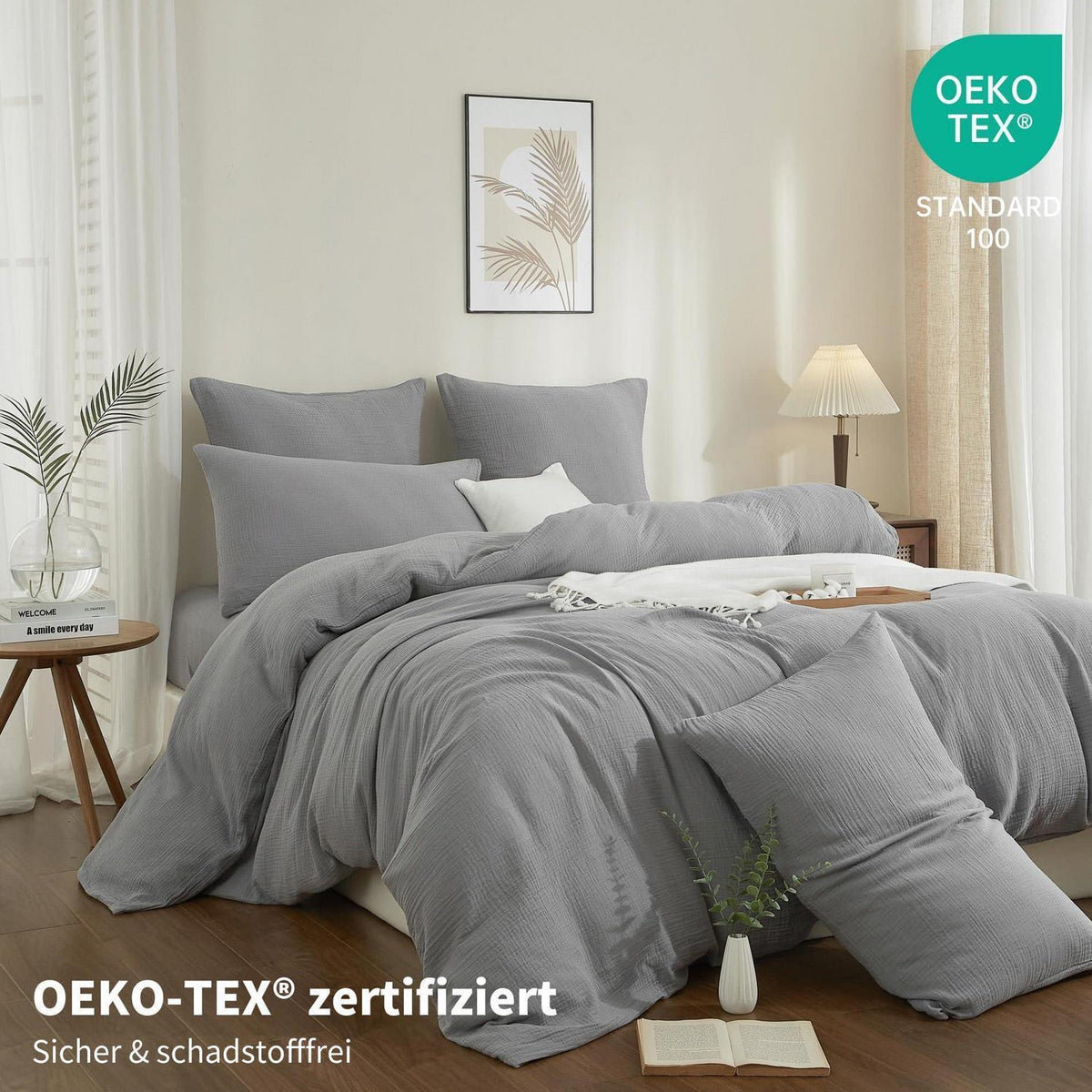 Doppelte Muslin Bettwäsche 220x240 Grau – 3-teilig & Atmungsaktiv