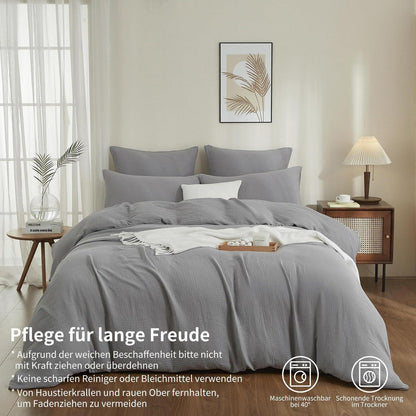 Doppelte Muslin Bettwäsche 220x240 Grau – 3-teilig & Atmungsaktiv
