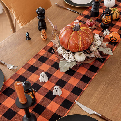Orange karierter Halloween Tischläufer 33 x 274 cm