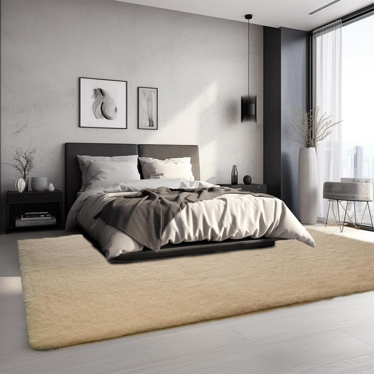 Hochflor Teppich Beige 275x370 - Flauschiger Wohnzimmerteppich