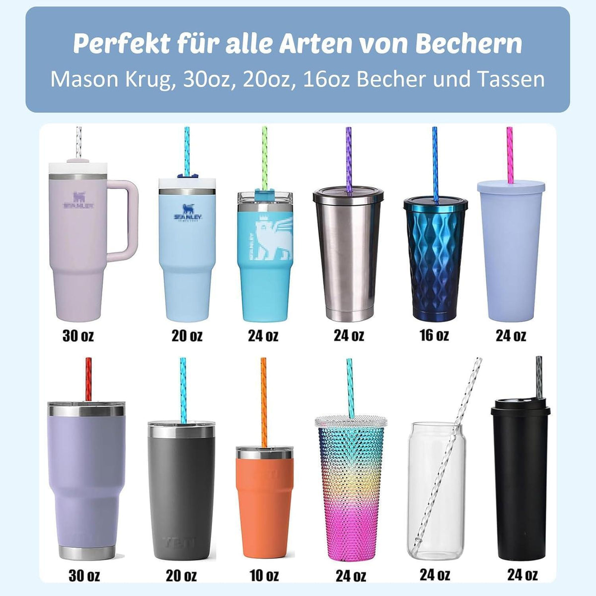 Wiederverwendbare Strohhalme 12er Set mit Bürste – Spiralmuster & Klar