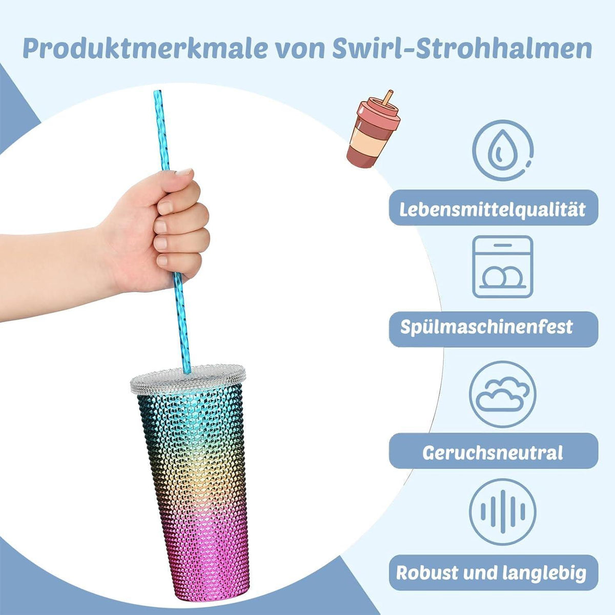 Wiederverwendbare Strohhalme 12er Set mit Bürste – Spiralmuster & Klar