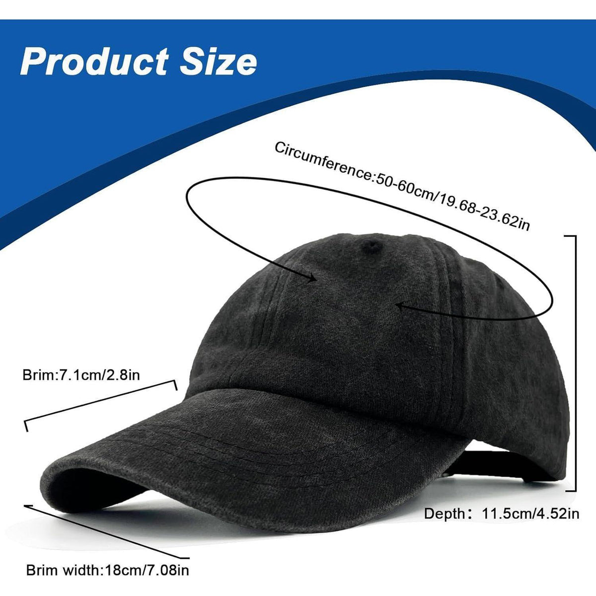 Vorgewaschene Baseball Cap Herren Damen – Einstellbare Schildmütze Schwarz