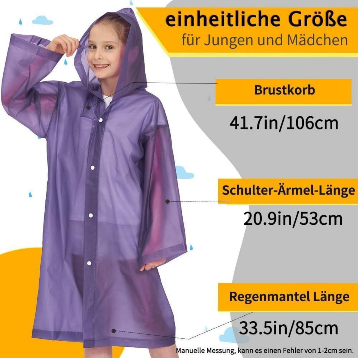 2er Set Kinder Regenponcho mit Kapuze und Ärmeln, wiederverwendbar, blau & lila
