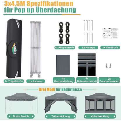 Faltpavillon 3x4,5m mit Moskitonetz & UV-Schutz – Grau