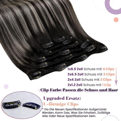 Echthaar Clip-in Extensions Schwarz Balayage Ombre Silber