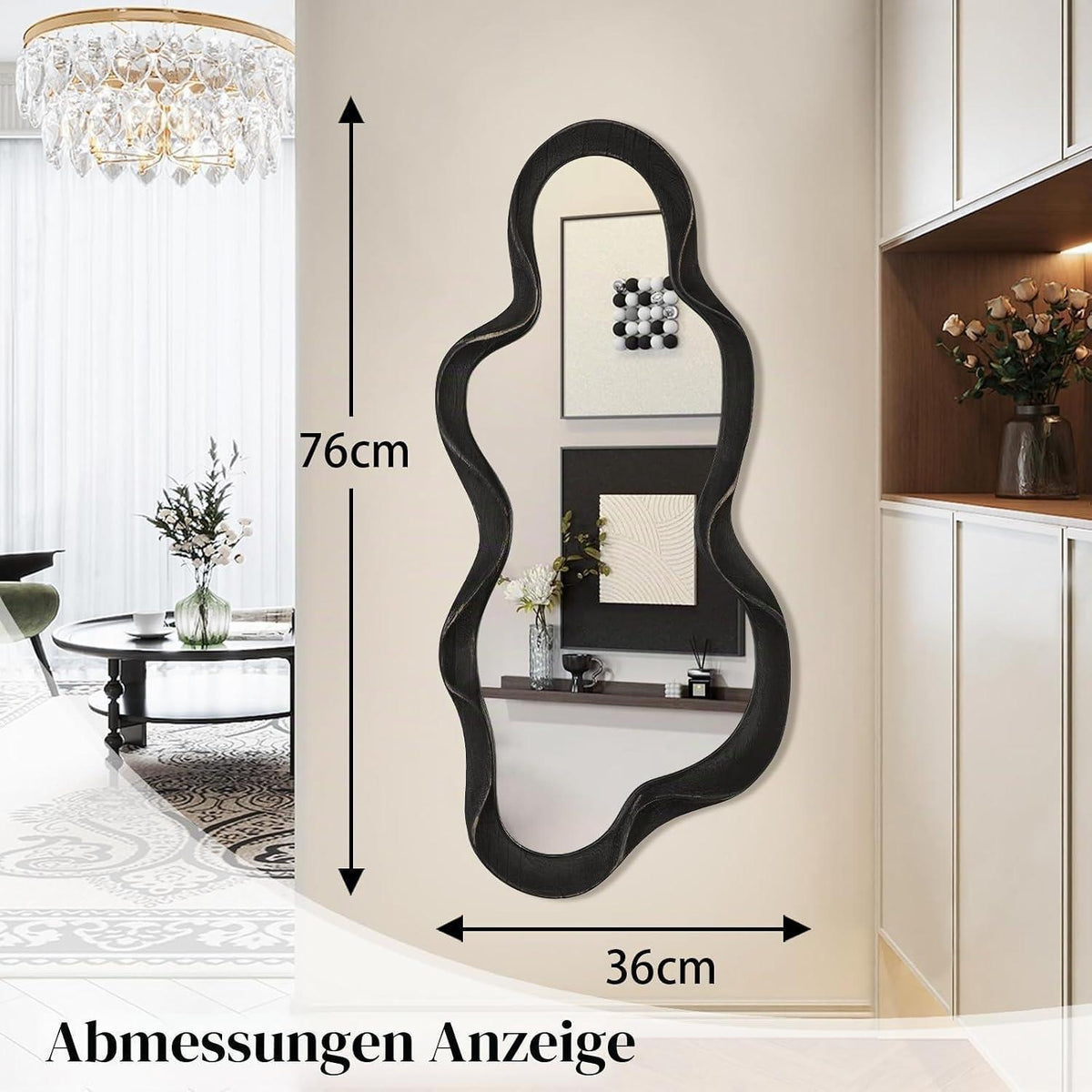 Asymmetrischer Wolkenspiegel mit Holzrahmen – 76x36 cm Wanddeko