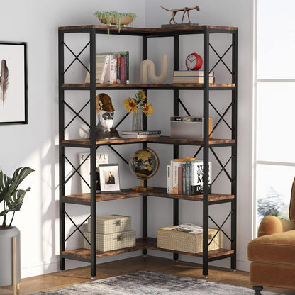 5-stöckiges Eckregal Braun – Modernes Bücherregal für Wohnzimmer