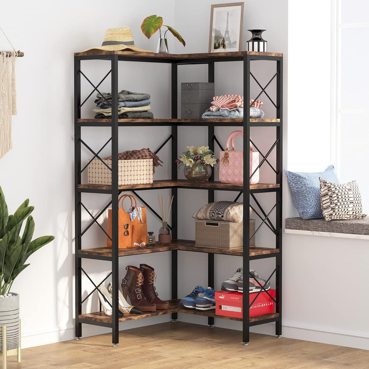 5-stöckiges Eckregal Braun – Modernes Bücherregal für Wohnzimmer