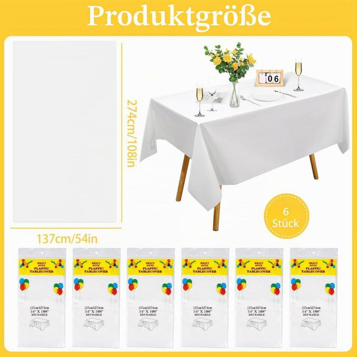 6x Weiße Tischdecken 137x274cm – Einweg für Party & Outdoor