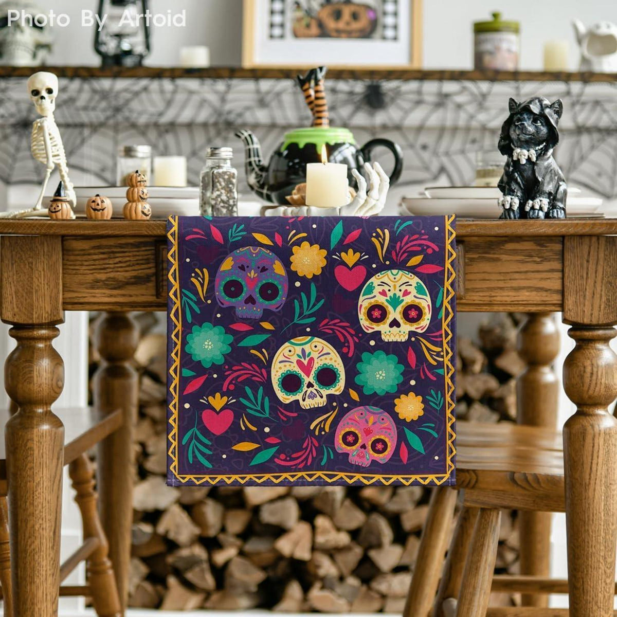 Tischläufer Totenköpfe Blumen Mexiko 40x180 cm Lila