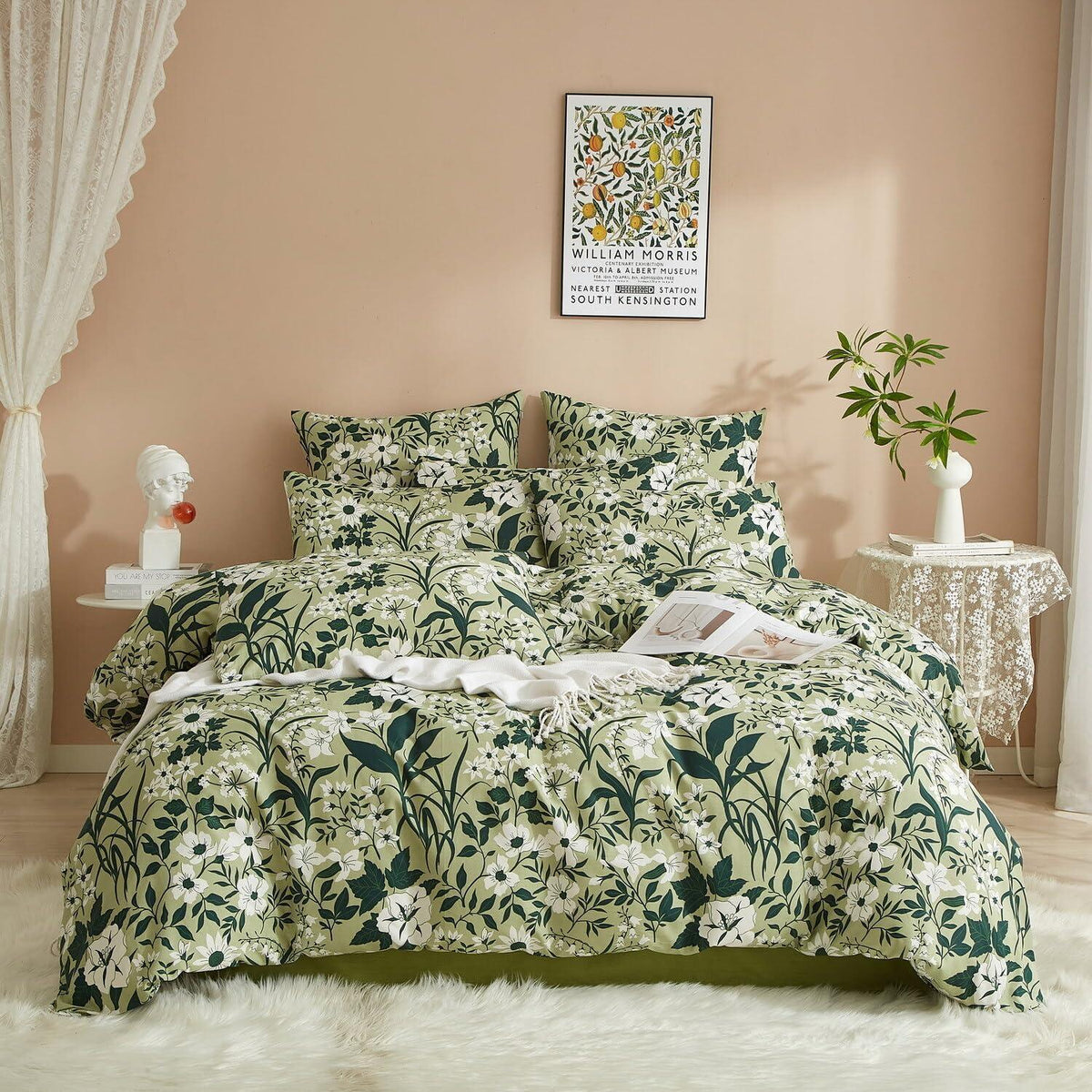 Grüne Baumwoll Bettwäsche Set 200x220 mit Blumenmuster