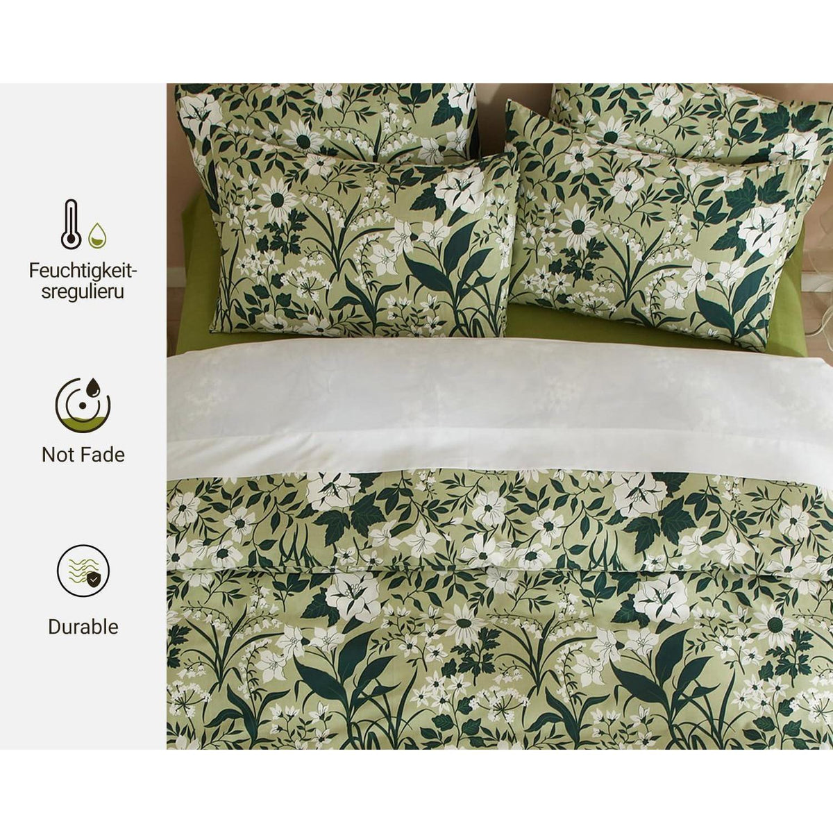 Grüne Baumwoll Bettwäsche Set 200x220 mit Blumenmuster