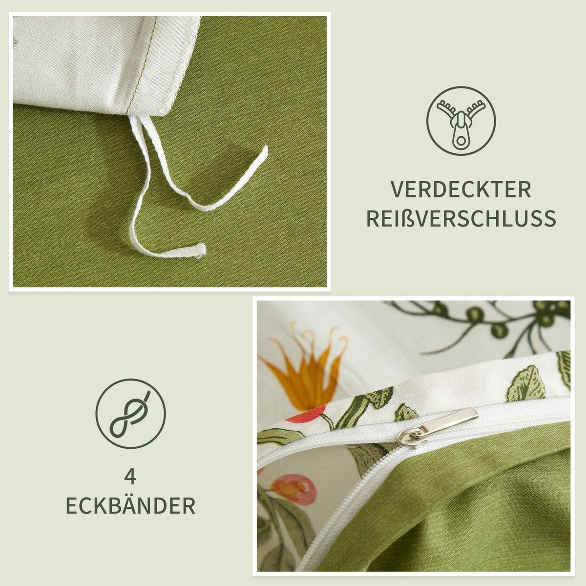 Blumen Bettwäsche Set 135x200 Baumwolle Weiß Grün 4tlg.