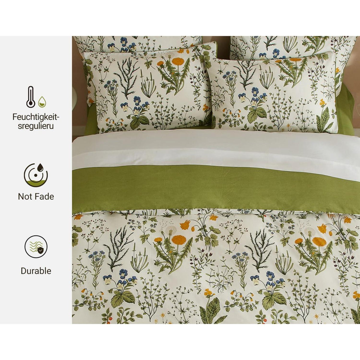 Blumen Bettwäsche Set 135x200 Baumwolle Weiß Grün 4tlg.