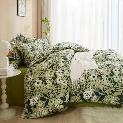 Grüne Baumwoll Bettwäsche Set 220x240 mit Blumenmuster