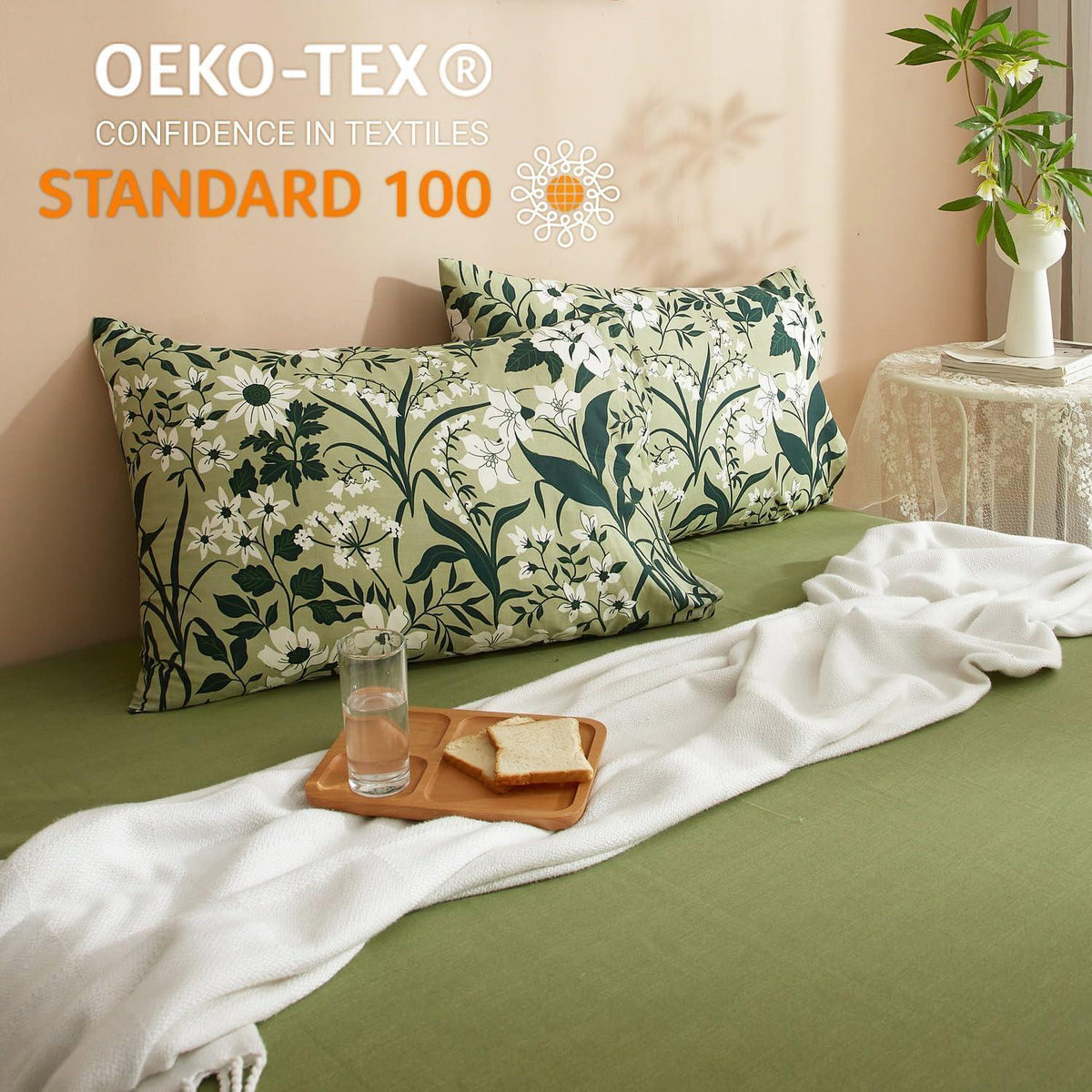 Grüne Baumwoll Bettwäsche Set 220x240 mit Blumenmuster