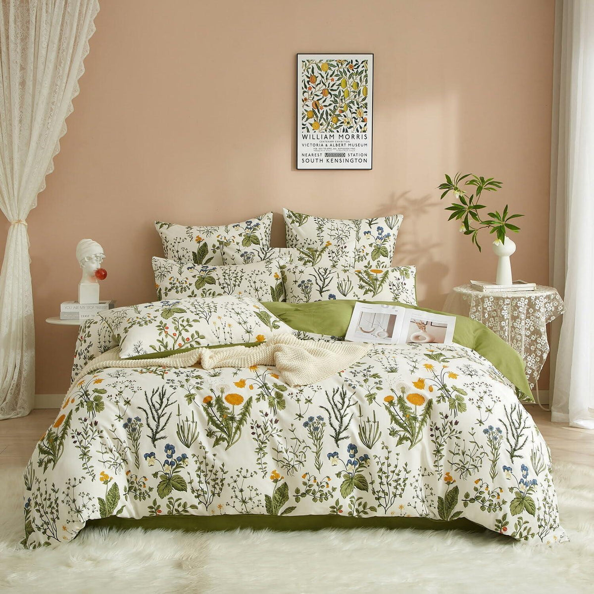 Blumen Bettwäsche Set 200x220 Baumwolle Grün Weiß 3tlg.