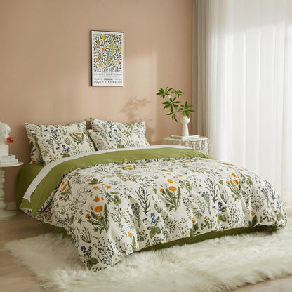 Blumen Bettwäsche Set 200x220 Baumwolle Grün Weiß 3tlg.