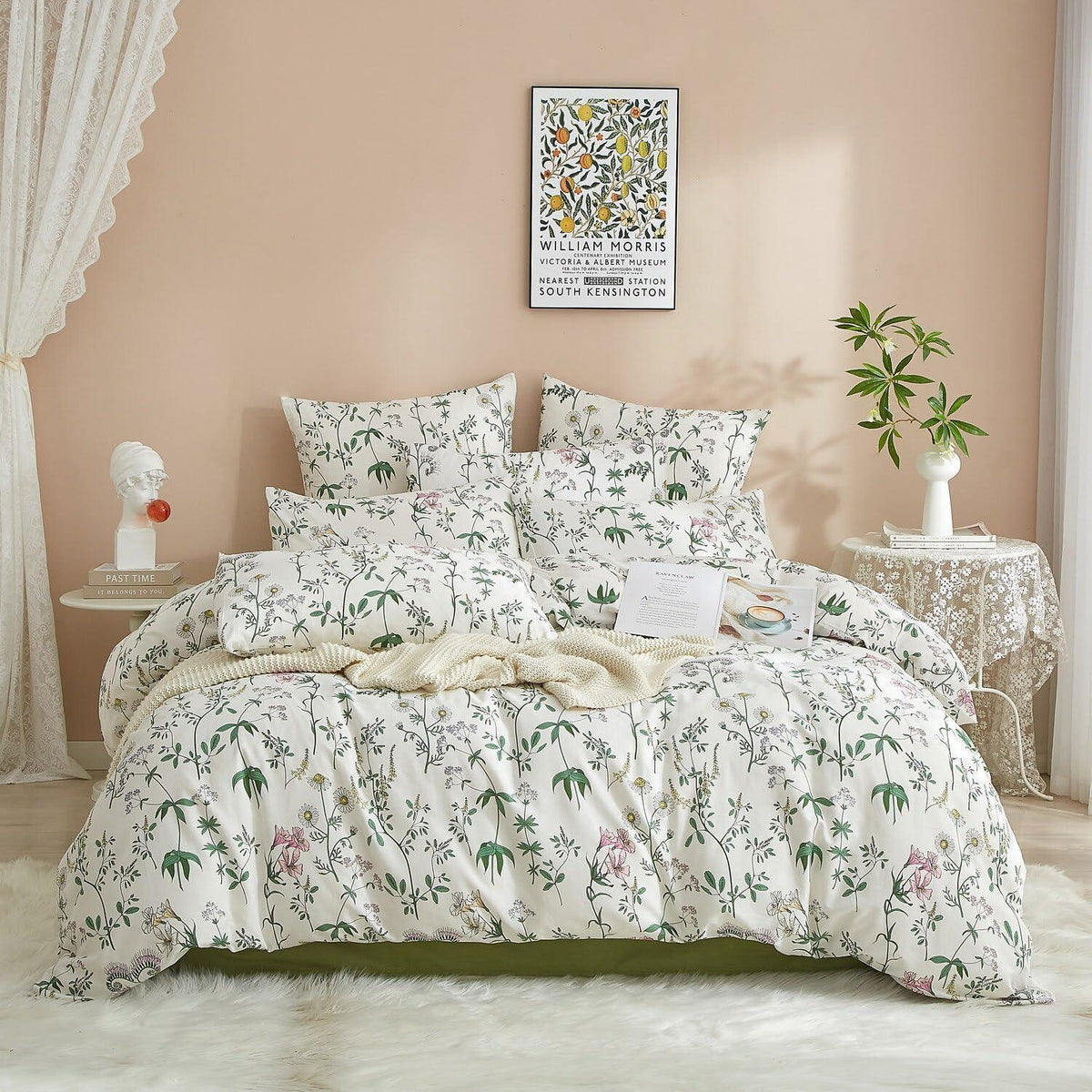 Blumen Bettwäsche Set 220x240 Baumwolle Weiß 3tlg. mit Kissenbezügen