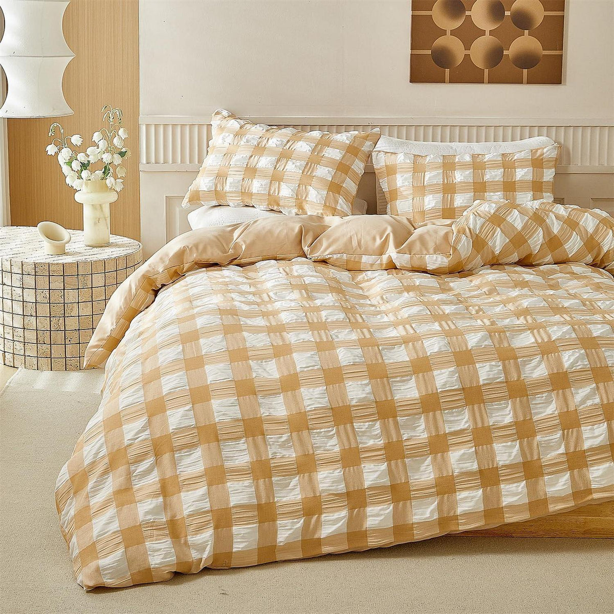 Seersucker Bettwäsche 135x200 - Beige Weiß 4-teilig